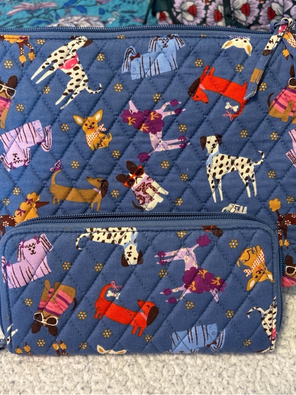 Vera Bradley Quilted Blue Dog Print crossbody Bag with matching wallet